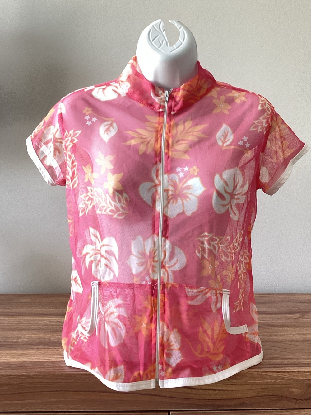 Y2K Aspire Baby Pink Tropical Floral Print Sheer Barbie Core Preppy Zip Top M